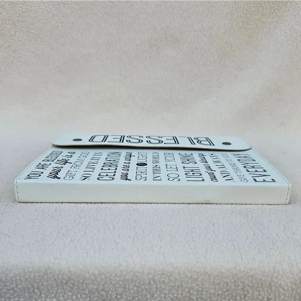 Blessed White and Black Snap Front Faux Leather Notebook